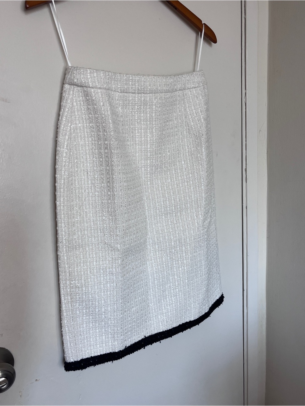 White Tweed Midi Skirt with Black Hem Trim